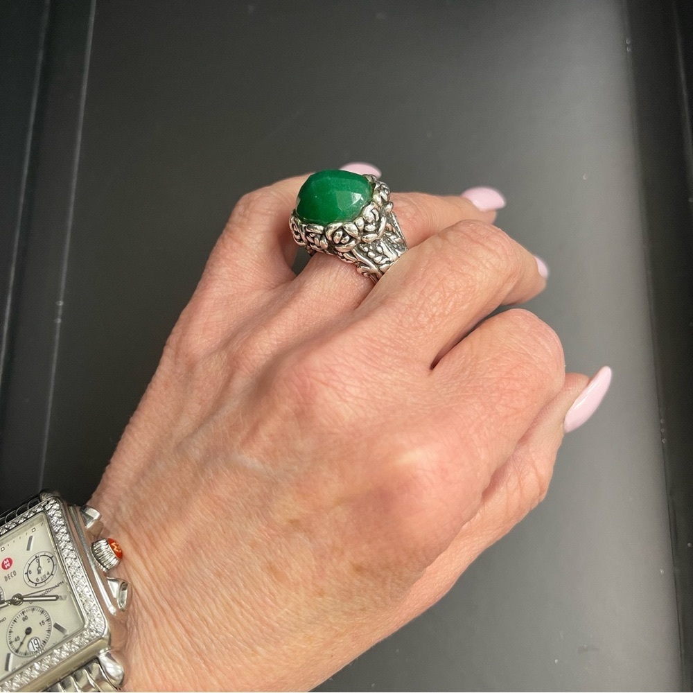 Sterling Silver Chunky Bezel set Faceted Green Onyx Floral 926 Stamped Ring